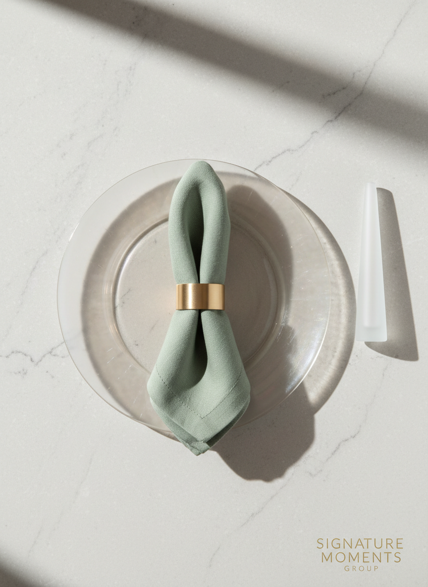An exquisitely detailed flat lay of essential event rental décor: a folded cashmere-soft linen napkin in muted sage, a pearlescent glass charger plate, brushed gold napkin ring, and a slim, frosted glass candleholder. The set is arranged on a pale matte stone tabletop with subtle veining. Soft, overcast natural light from one side creates gentle shadow play and accentuates textures without harsh contrasts. The image is composed with a centered focal point and surrounding negative space, utilizing a crisp, studio-style photographic look. The atmosphere is timeless, polished, and serene, highlighting Signature Moments Group’s dedication to detail and design.