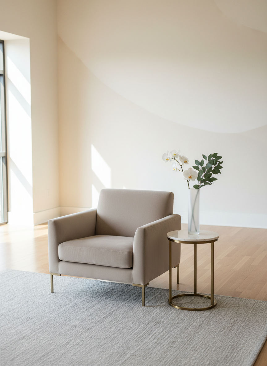 A meticulously arranged set of contemporary event rental furniture, including a sleek, muted beige velvet lounge chair, a matte brass-accented side table, and a translucent frosted glass vase with a minimalist floral arrangement. The pieces rest atop a soft, pale grey area rug on a hardwood floor, within a softly lit, spacious room with subtle gradients on cream-colored walls. Early afternoon diffused natural light streams in, creating gentle highlights on metallic accents and plush textures. The mood is calm, sophisticated, and inviting, emphasizing understated luxury. Captured from a slightly elevated angle with sharp focus throughout, highlighting elegant composition and balance. The style is photographic realism with a minimalist, refined aesthetic, ideal for showcasing premium event rental ambience.