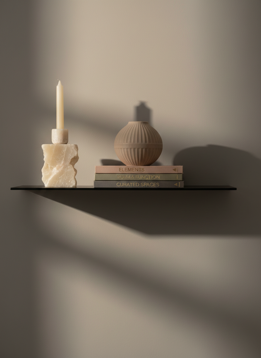 A collection of signature event décor accents artfully displayed on a floating matte black shelf: an asymmetrical alabaster candle holder, a textured taupe ceramic vase, and a stack of elegant, muted-tone books with metallic-embossed spines. The background is a soft gradient wall in warm greige, illuminated by diffused side lighting that casts delicate, elongated shadows and highlights subtle surface textures. The mood feels serene and meticulously curated, expressing creative attention to detail. Composition employs negative space for visual balance, with a shallow depth of field to soften the background. The style is clean, minimalist photographic realism supporting the brand’s emphasis on thoughtfully curated décor pieces.