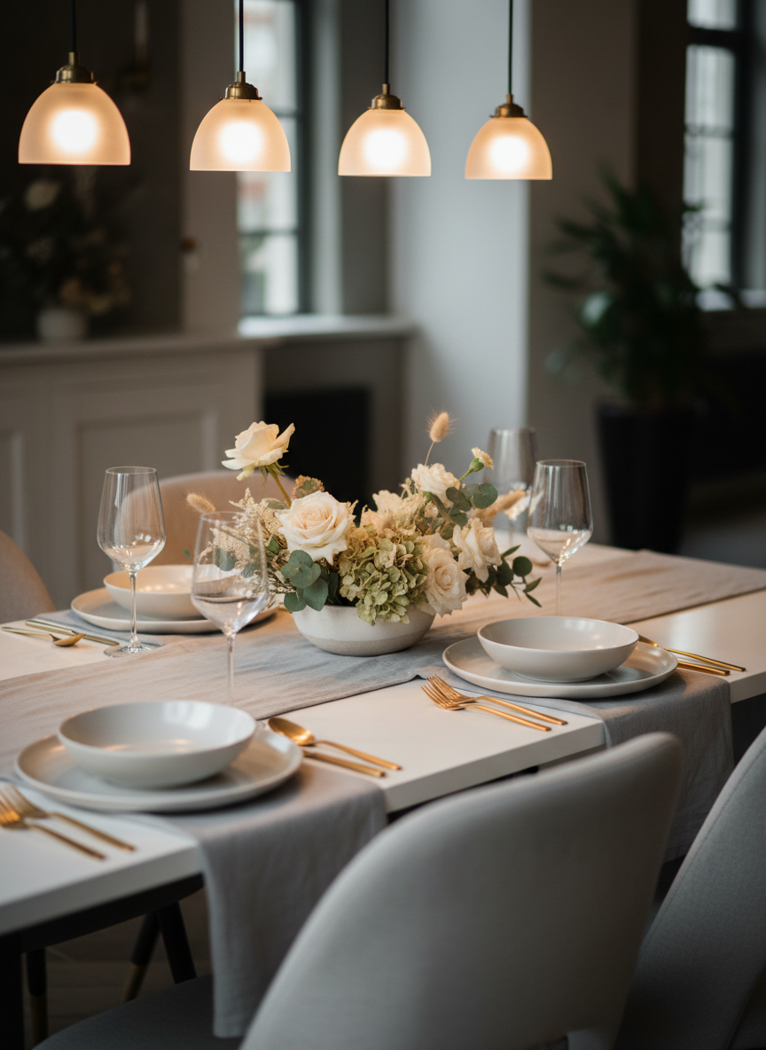 An elegantly set dining table designed for an intimate celebration, featuring muted porcelain dinnerware with a delicate matte finish, brushed champagne-gold cutlery, and crystal-clear minimalist stemware. The centerpiece consists of a low, ceramic bowl with soft neutral-toned flowers and eucalyptus. The table is dressed in a pale grey linen runner on a smooth white tabletop, surrounded by upholstered dove-grey chairs. Warm overhead pendant lighting casts subtle shadows and enhances gentle textures across the scene. Shot from an eye-level angle with the rule of thirds composition, depth provided by the layered tablescape. The overall mood is refined, cozy, and inviting, with photographic clarity and a sophisticated, minimalist touch that underscores seamless event décor service.